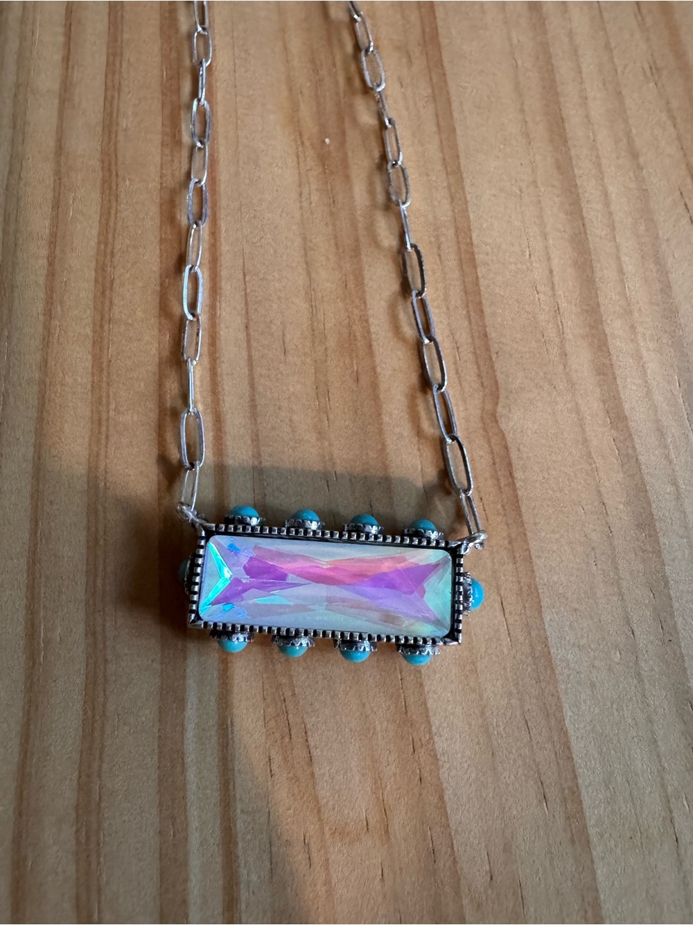 Faux silver and turquoise rhinestone Rectangular necklace and earring set